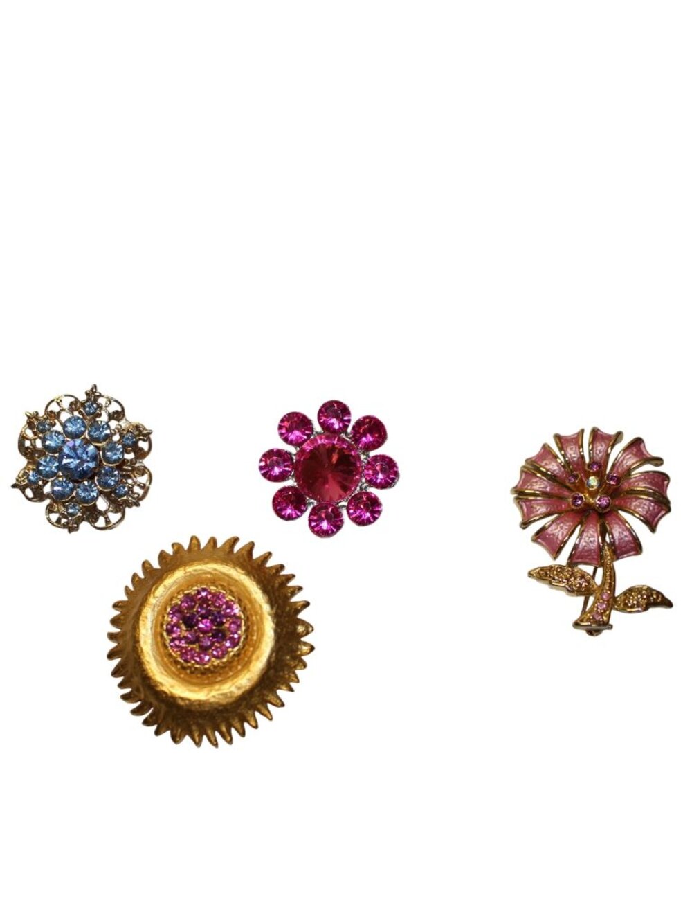 Vintage Brooch Pin Lot 4pc Flower Enamel Rhinestone Pink Fuchsia Blue Flower Pow